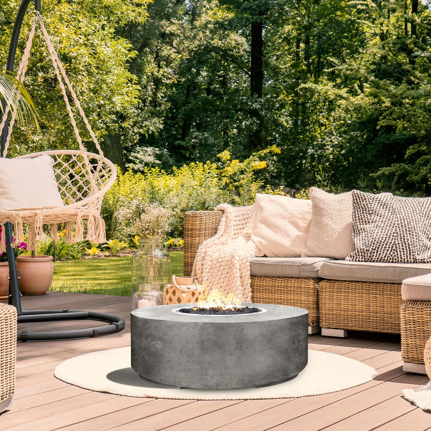 36-in Round Concrete Natural Gas Fire Pit in Limestone by XO Appliance - Back Porch - Shown in Gray finish - Lifestyle thumbnail