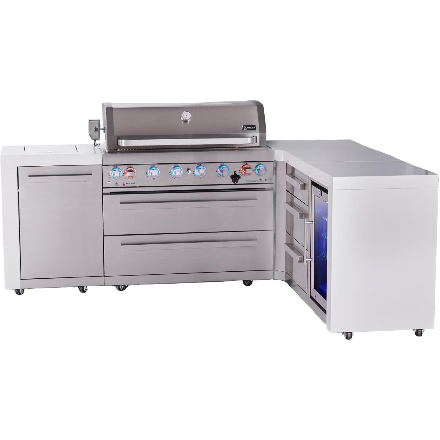 Mont Alpi Deluxe Series 7 Ft L-Shaped Natural Gas Outdoor Kitchen Island w/ 44-in Grill, Side Burner, Fridge & Triple Drawer (Ships Propane w/ Conversion Kit)