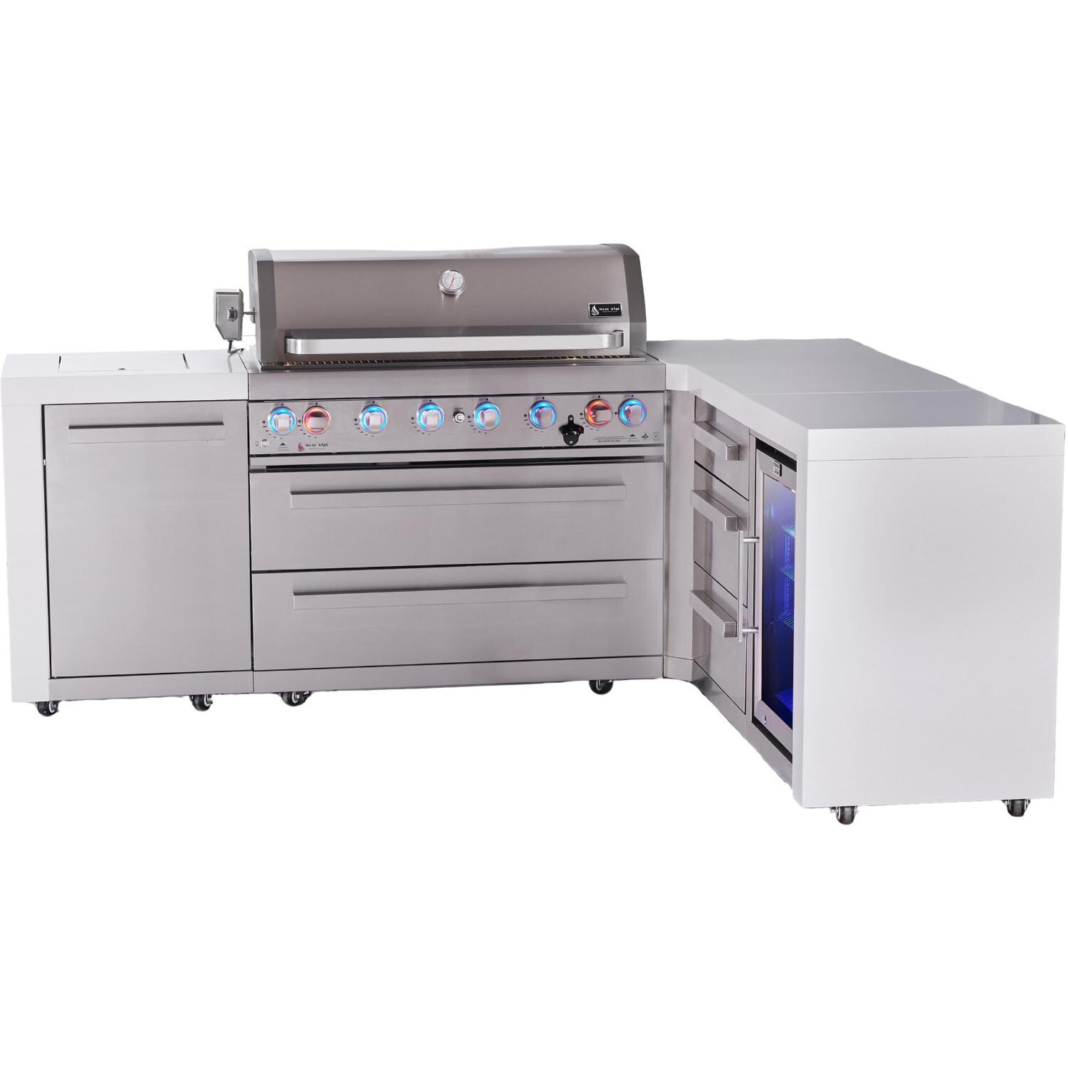 Mont Alpi Deluxe Series 7 Ft L-Shaped Natural Gas Outdoor Kitchen Island w/ 44-in Grill, Side Burner, Fridge & Triple Drawer (Ships Propane w/ Conversion Kit)