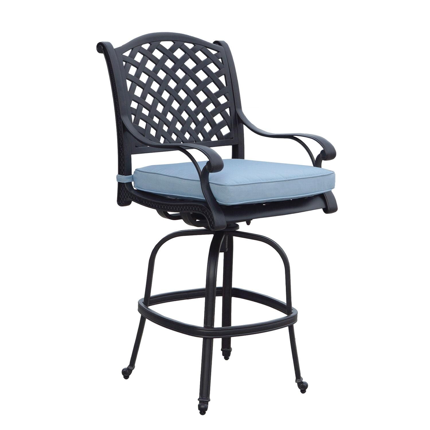 Nassau Cast Aluminum Swivel Bar Stool in Antique Bronze/Sky Blue by Darlee - Angled - White Background thumbnail