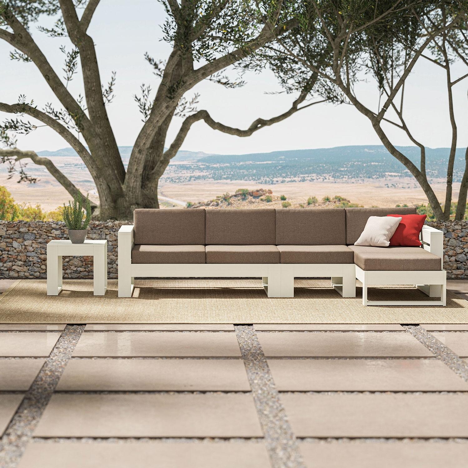 Latitude 3 Person Sectional Sofa w/ Right Chaise in Vintage White/Dune Burlap By PW Designer Series - Shown in Vintage White/Spiced Burlap Finish (Side Table Not Included) - Patio - Lifestyle thumbnail