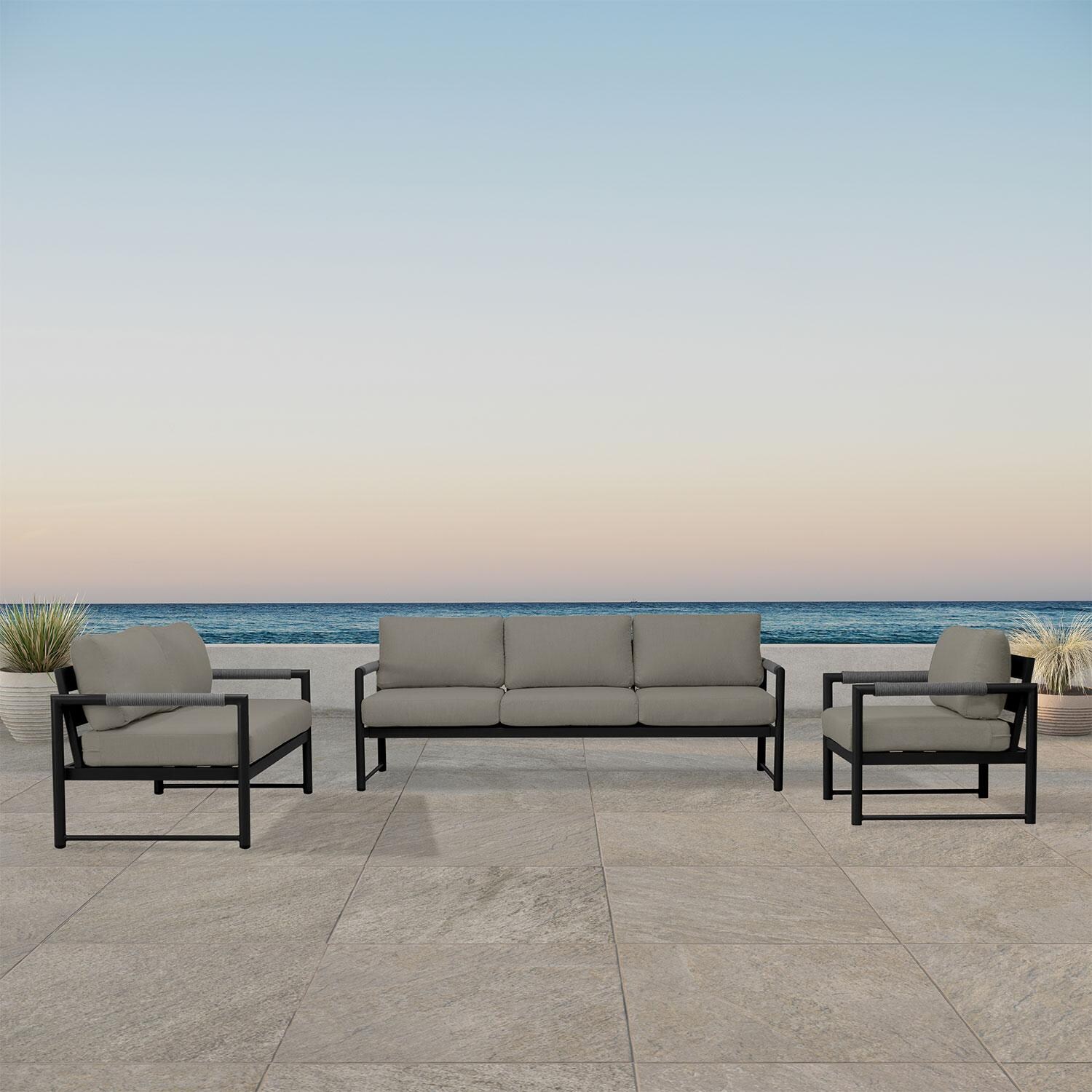 Lakeview AVEBAY-BK-CO-SET143-CC Avenue Bay Black/Carbon 3 Pc Sofa Loveseat Set - Canvas Charcoal - On Patio - Lifestyle thumbnail