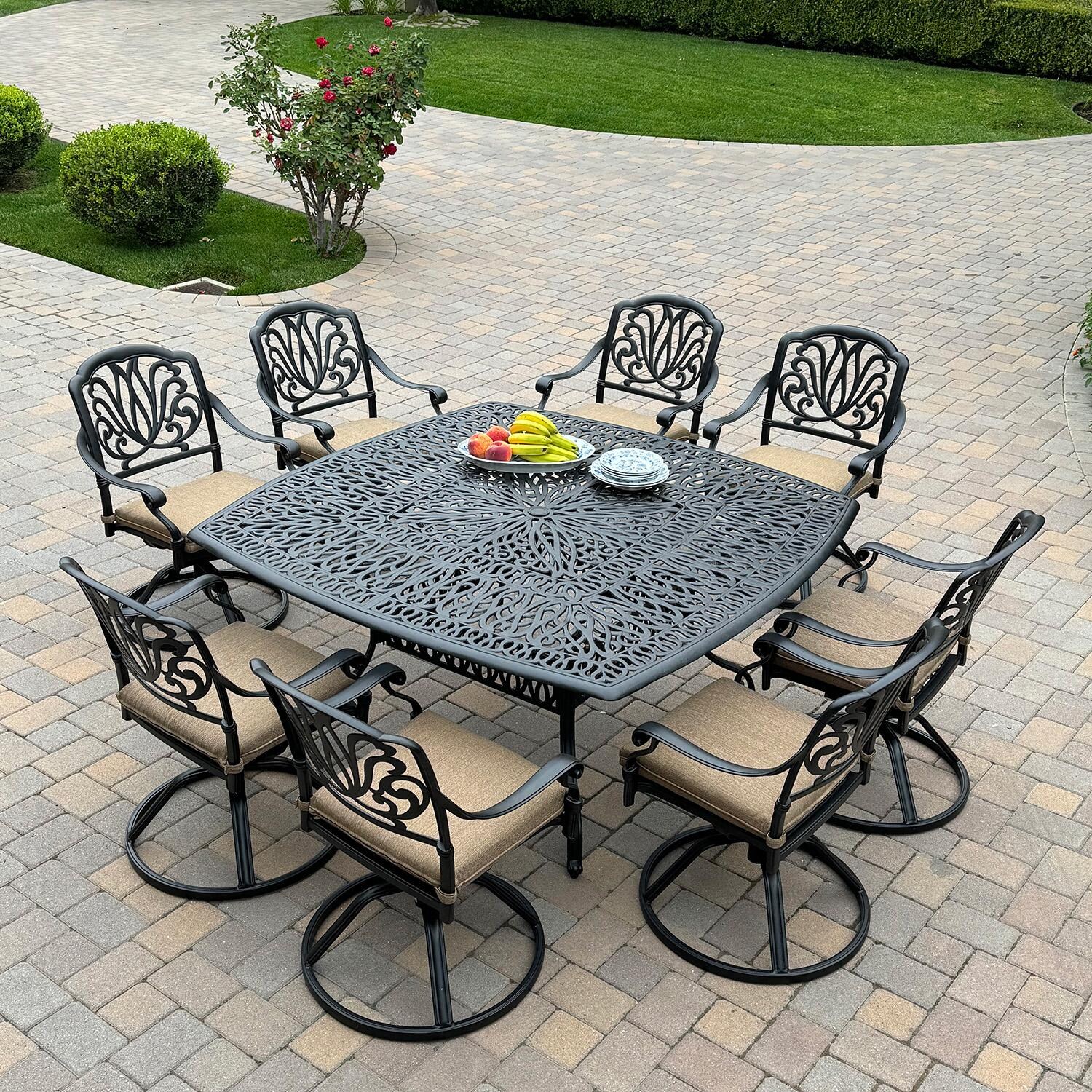Elisabeth 9 Pc Cast Aluminum Dining Set in Antique Bronze by Darlee - Lifestyle thumbnail