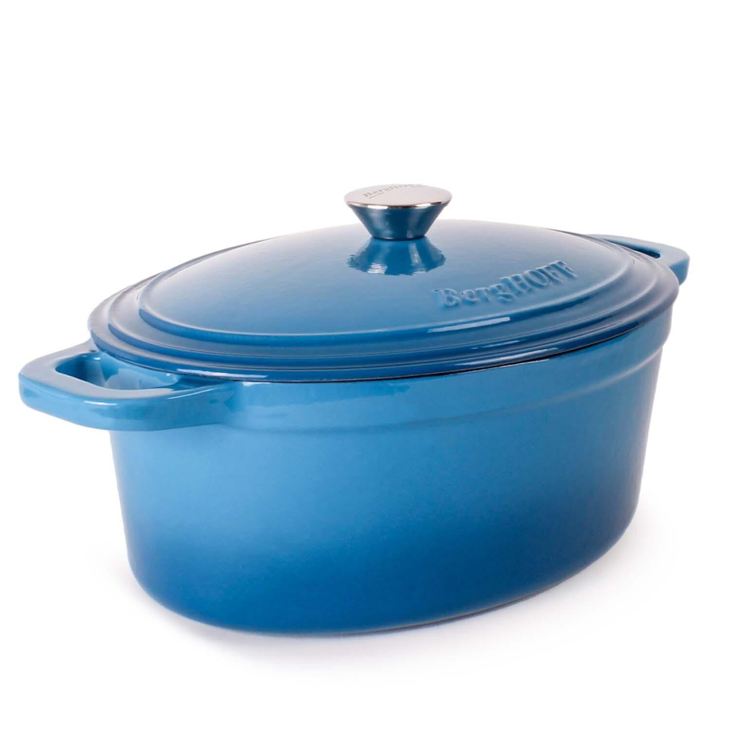 BergHOFF 13-in Neo Cast Iron 8 Qt. Oval Dutch Oven w/ Lid - Blue - Angled View - White Background