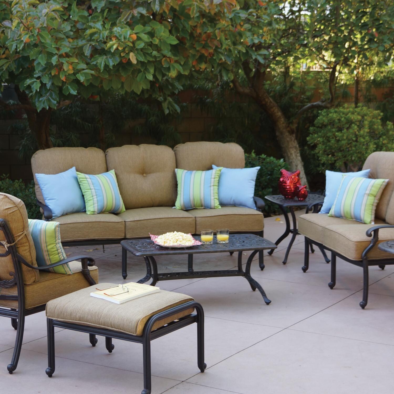 Santa Monica 7 Pc Cast Aluminum Seating Set w/ Series 80 Table in Antique Bronze/Sesame by Darlee