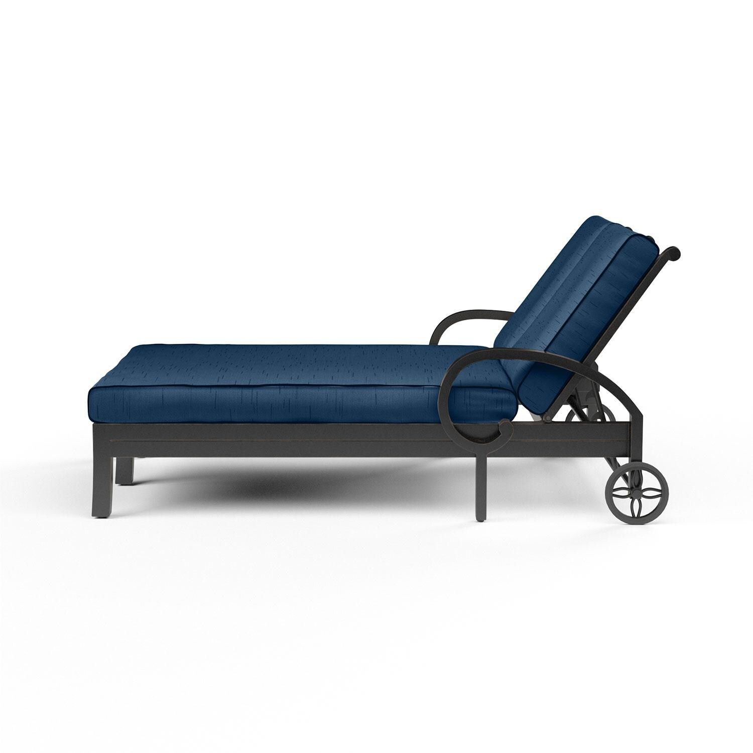 Monterey Aluminum Patio Double Chaise Lounge in Spectrum Indigo w/ Self Welt By Sunset West - Side View - White Background thumbnail