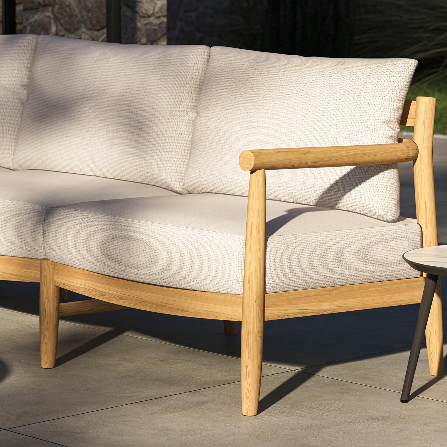 Oxford Garden Lido 3 Person Teak Sofa in Natural/Bliss Linen - Close-Up thumbnail