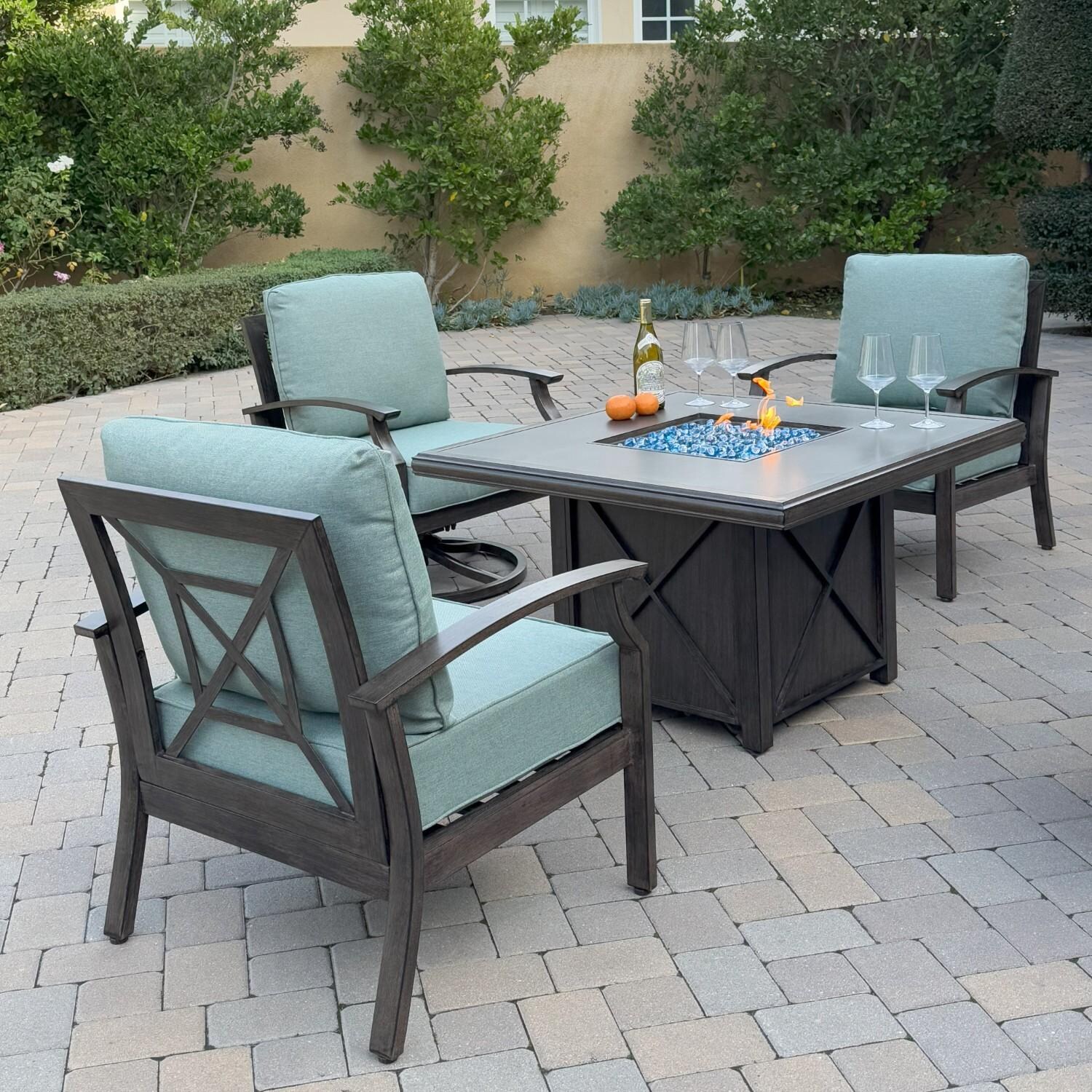 Atlantis 5 Pc Aluminum Fire Pit Seating Set w/ 2 Club Chairs & 2 Swivel Rocker Club Chairs in Walnut/Spa by Darlee - Chair Rear - Lifestyle thumbnail