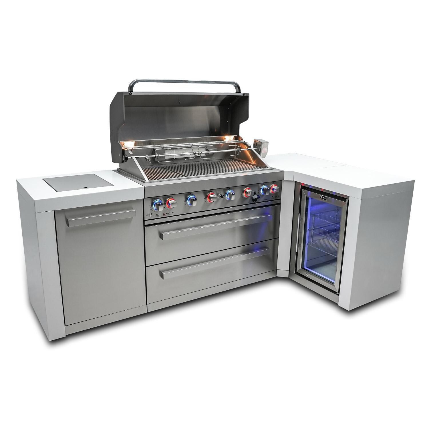  Mont Alpi - MAi805-D90FC - Deluxe 90 Degree Propane Gas Island Grill W/ Refrigerator Cabinet, Infrared Side Burner, & Rotisserie Kit - Open Angled Burners On - White Background thumbnail