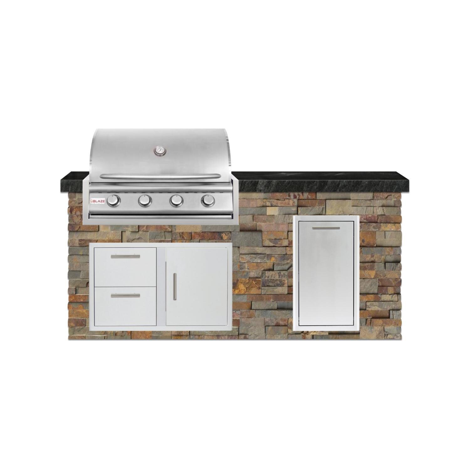 BBQGuys Signature 6 Ft Grill Island w/ 32 Inch Propane Blaze Prelude LBM Grill, Narrow Trash Bin & Door & Drawer | Gold Rush w/ Black Granite - Front - White Background thumbnail