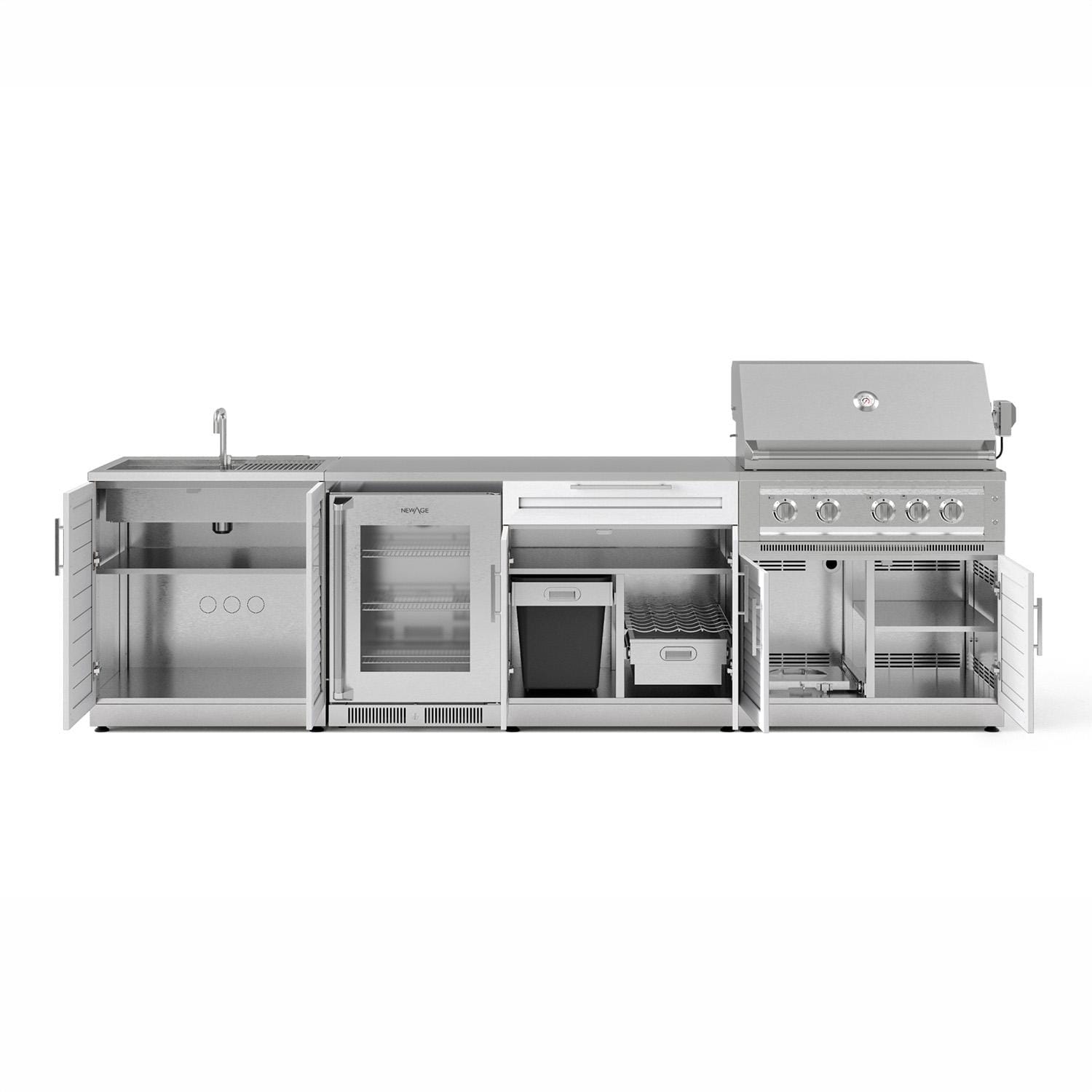 NewAge Products 71528 Classic Series 10 1/2 Ft Outdoor Kitchen Island w/ 36-in Natural Gas Grill, Sink, Glass Door Refrigerator, Trash Bin, Door & Drawer in White/Stainless Steel - Open - White Background thumbnail