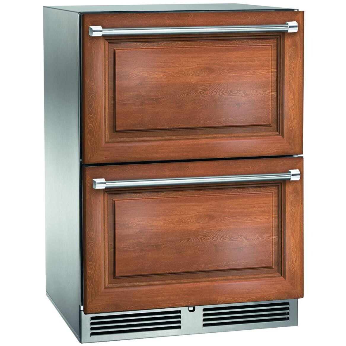 Perlick HP24ZM-4-6DL 24-Inch Signature Series Stainless Steel Panel Ready Outdoor Dual Zone Refrigerator/Freezer Drawers w/ Door Lock - Custom Light Wood Panel thumbnail
