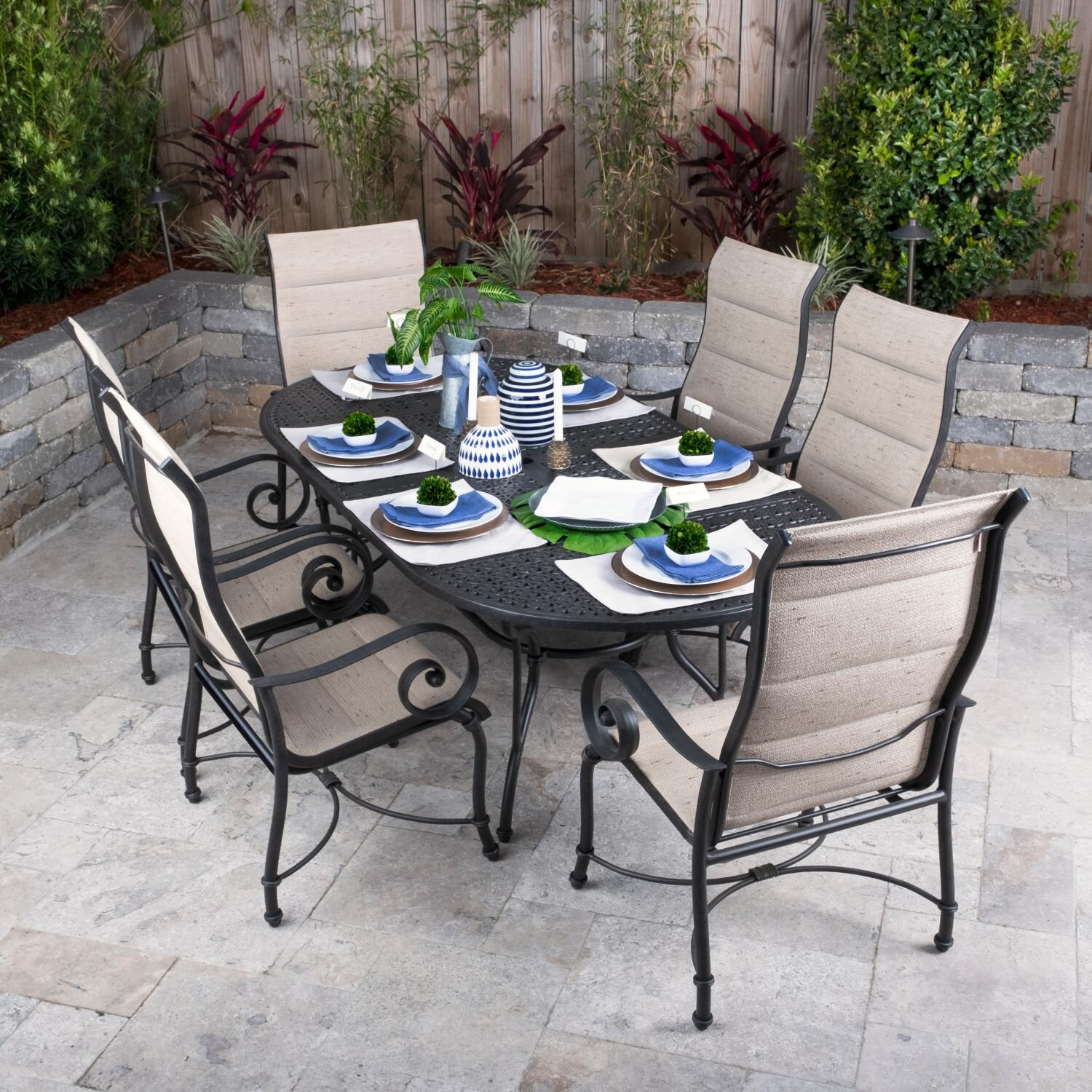 Elysian 7 Piece Padded Sunbrella Sling Patio Dining Set W/ 84 X 42 Inch Oval Table thumbnail