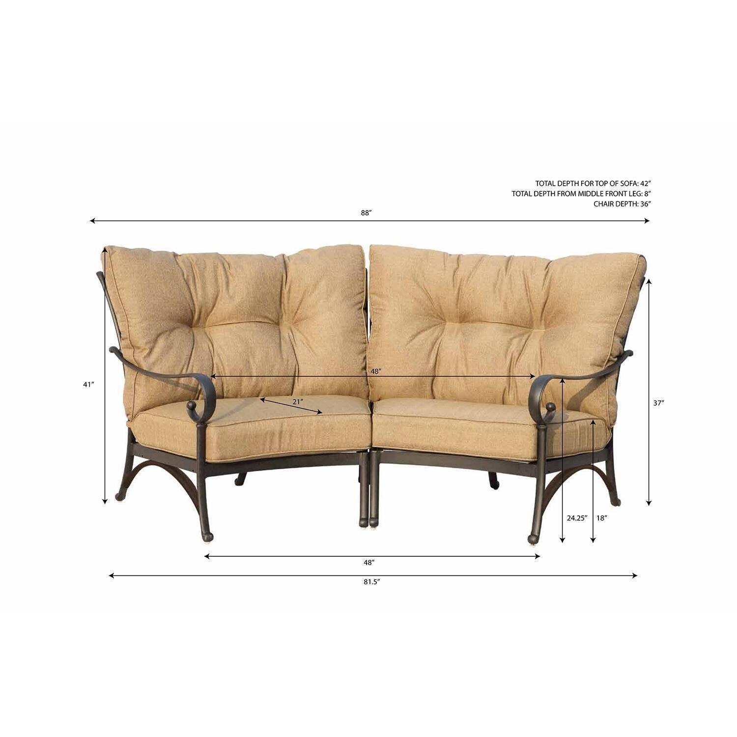 Santa Anita 2 Pc Cast Aluminum Patio Sectional Loveseat w/ Heather Beige Sunbrella Cushions by Darlee - Dimensional thumbnail