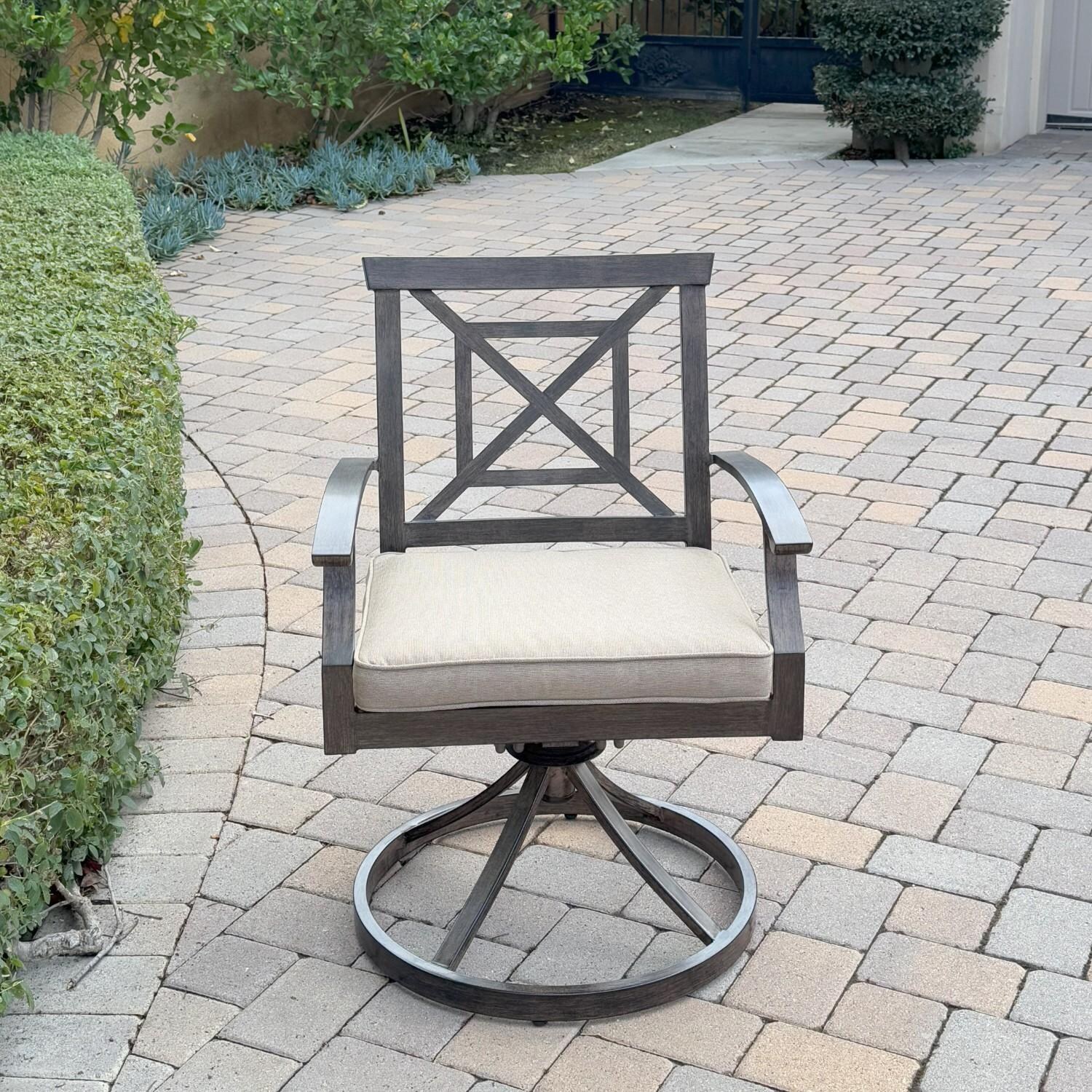 Atlantis 9 Pc Aluminum Dining Set w/ 6 Swivel Rocker Dining Arm Chairs, 2 Two Person Benches & Extension Table in Walnut/Beige by Darlee - Chair - Lifestyle thumbnail