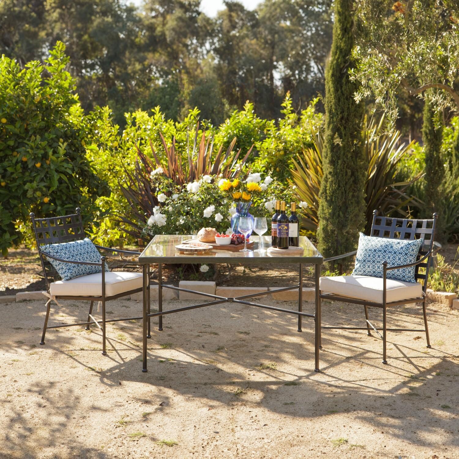 Provence 44 Inch Square Wrought Iron Patio Dining Table With Glass Top By Sunset West - Lifestyle thumbnail