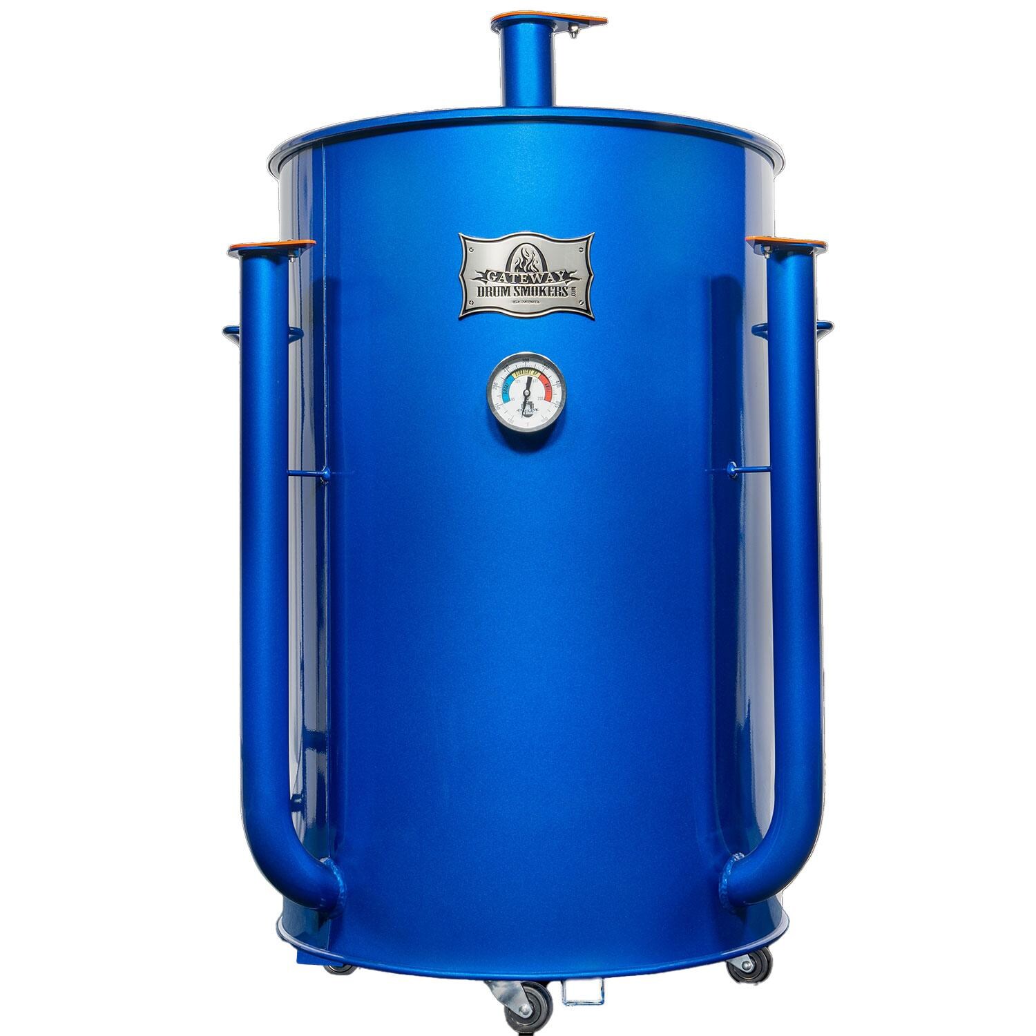 Gateway Drum Smokers 55144 55 Gallon Charcoal BBQ Smoker - Glossy Blue - Display - White Background thumbnail