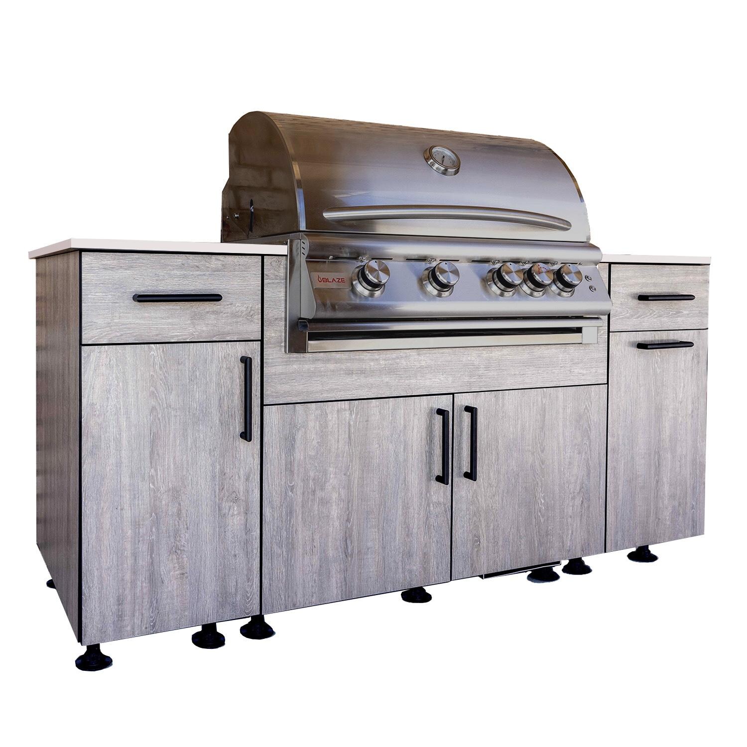 BBQGuys Signature Beech 6 Ft Outdoor Kitchen Island w/ Blaze Propane Grill in Riverside Oak/Icecap White