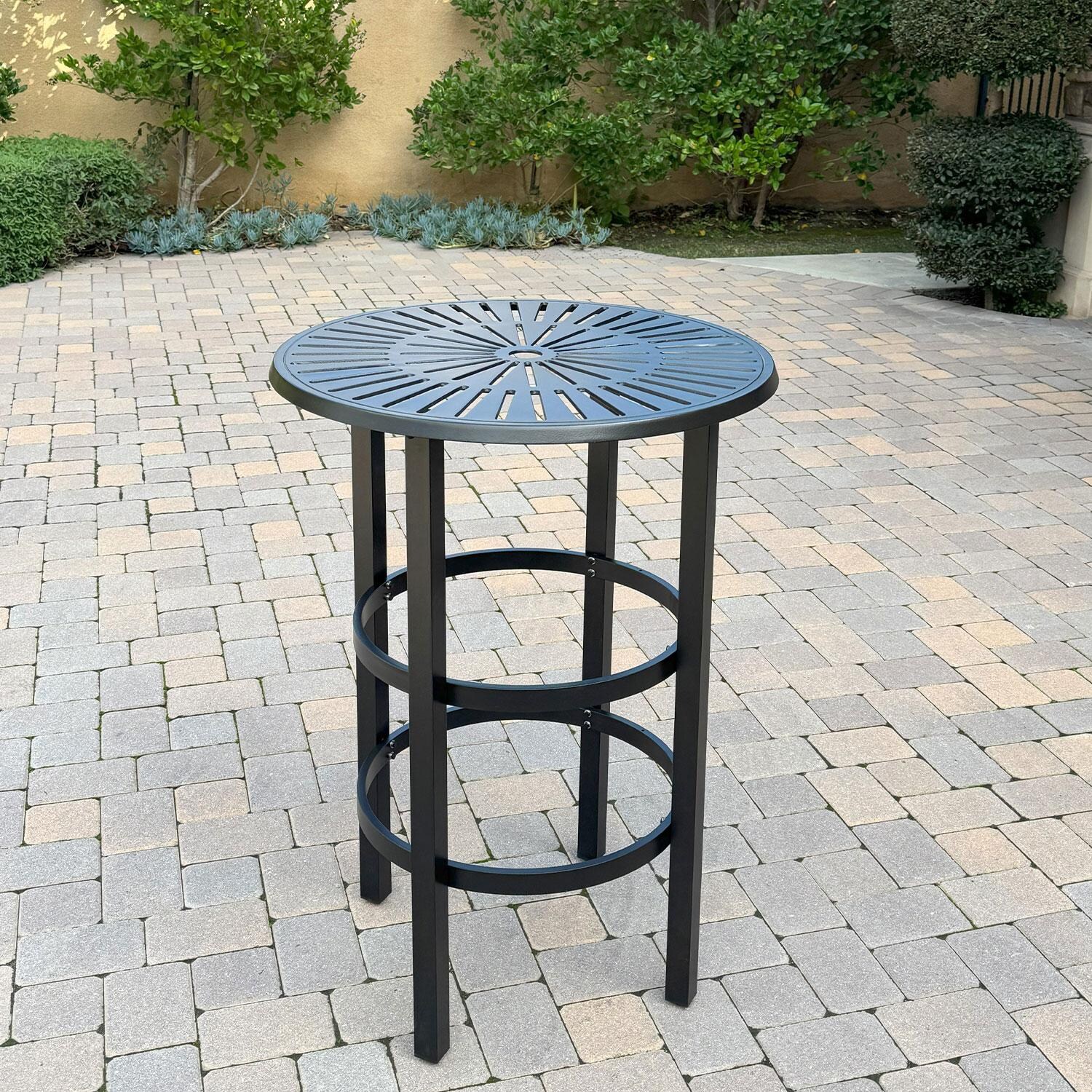 Aspen Aluminum 3 Pc Patio Bar Set w/ 30-in Round Bar Table in Beige by Darlee - Round Bar Table - Patio - Lifestyle thumbnail