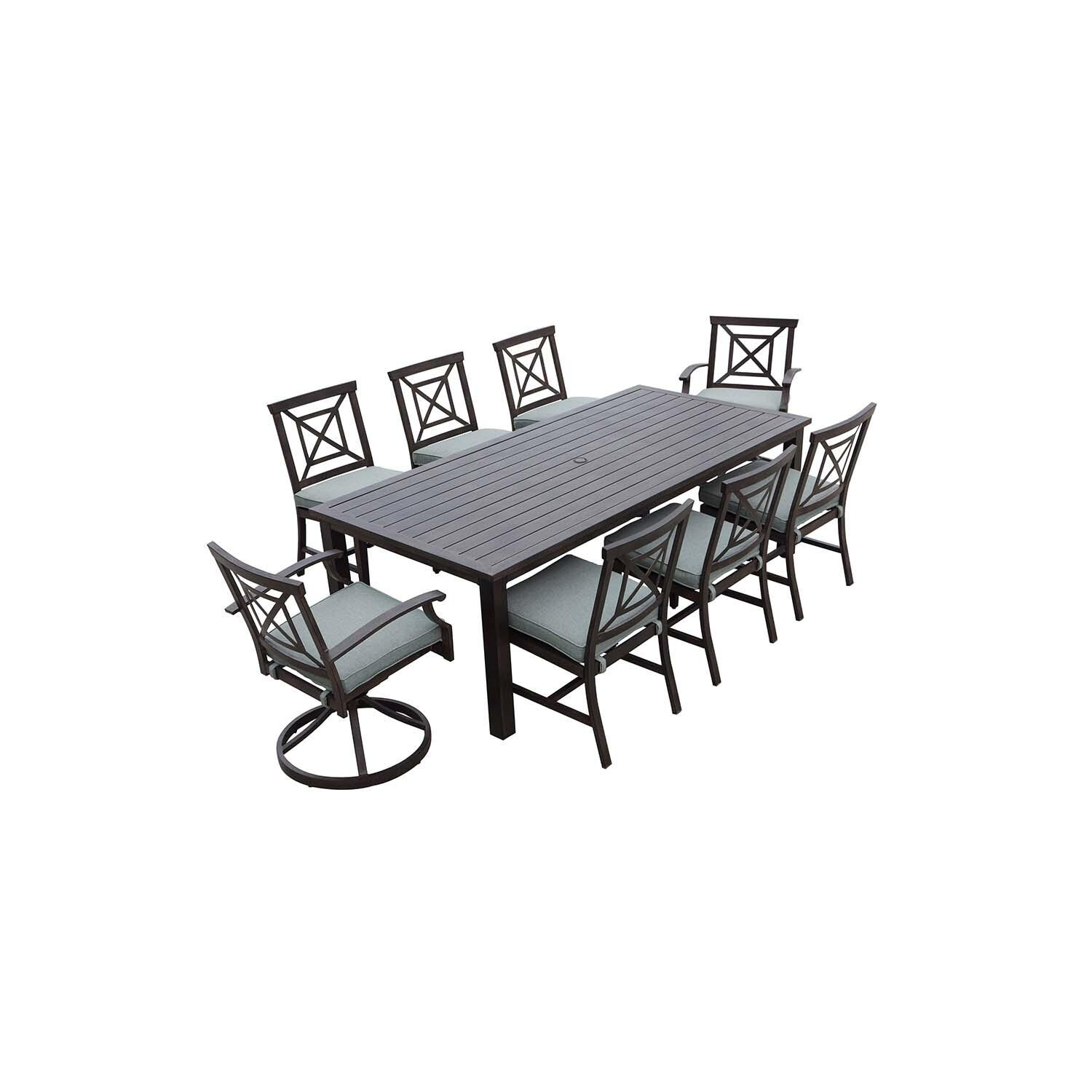 Atlantis 9 Pc Aluminum Dining Set w/ 88 Inch Table, Swivel Rockers, and Spa Cushions in Walnut By Darlee - White Background thumbnail