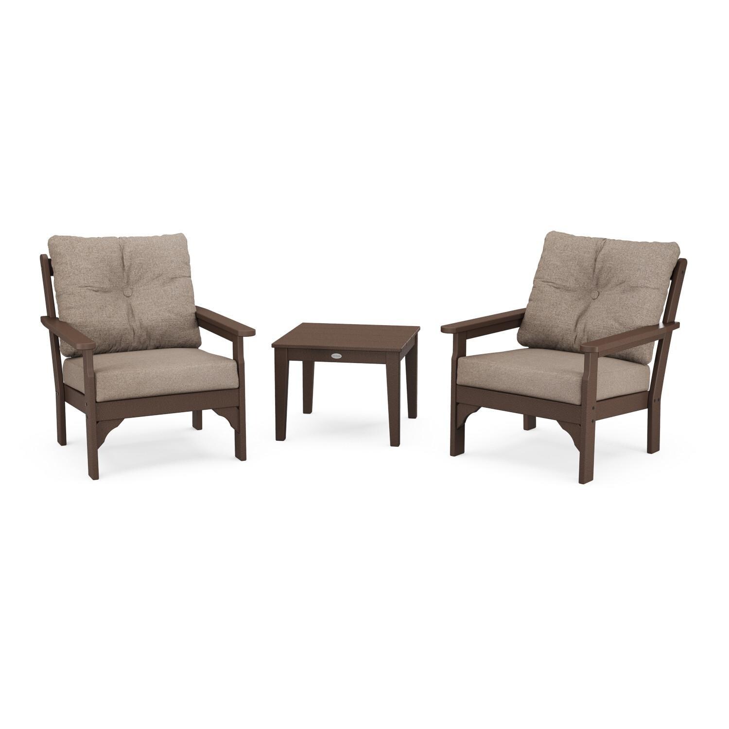 Vineyard 3 Pc Recycled Plastic Seating Set in Mahogany/Spiced Burlap by POLYWOOD