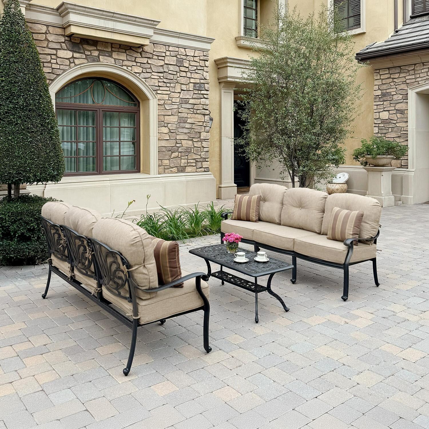 Elisabeth 3 Pc Cast Aluminum Seating Set w/ 42 X 21 Inch Series 80 Table & Throw Pillows in Antique Bronze/Beige Canvas by Darlee
