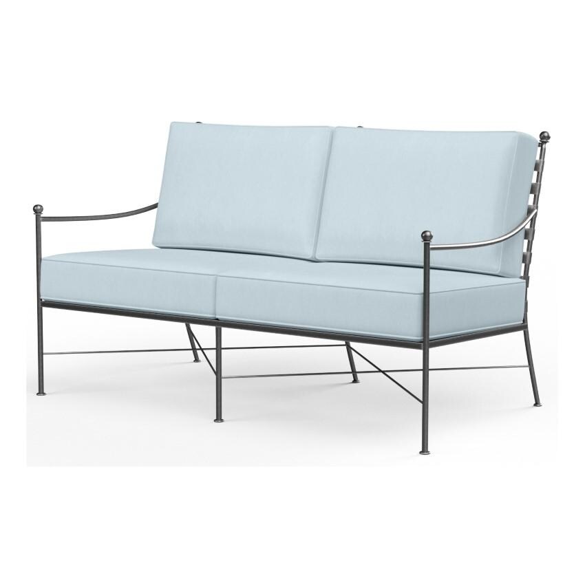Provence Wrought Iron Loveseat in Pewter/Canvas Skyline by Sunset West