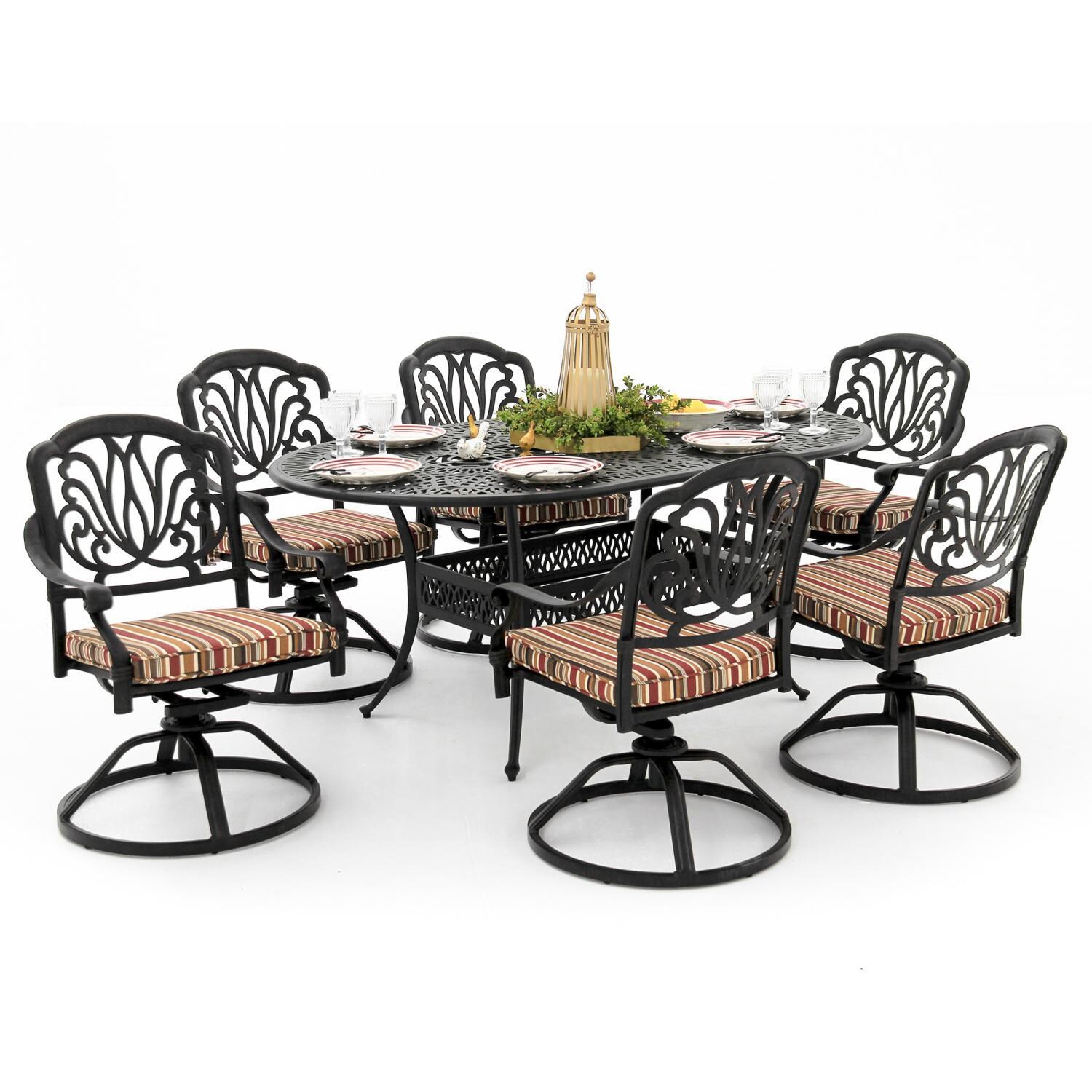 Rosedown 7 Piece Cast Aluminum Patio Dining Set With Swivel Rockers And 72 X 42-Inch Oval Table - Angled View thumbnail
