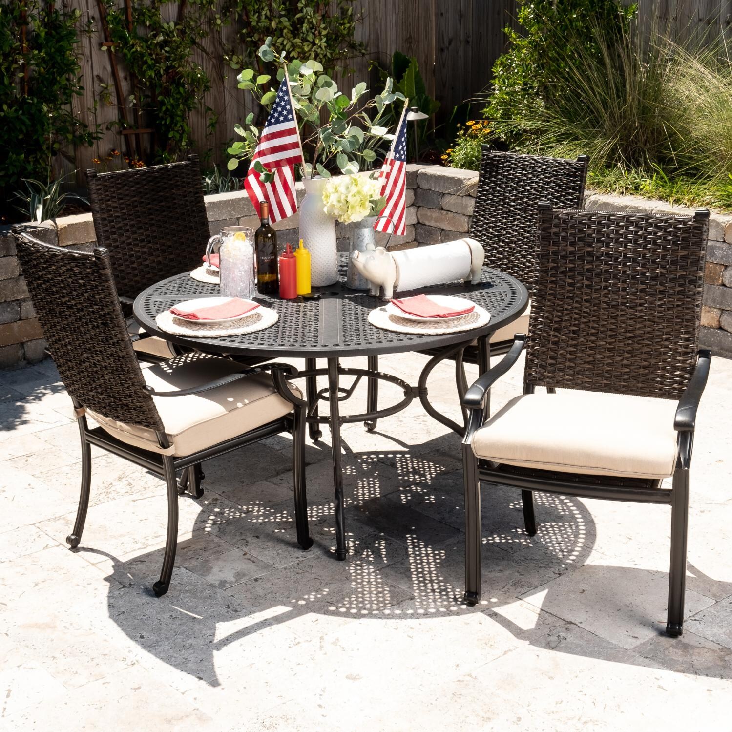 Carondelet 5 Piece Wicker Patio Dining Set W/ 52 Inch Round Table & Sunbrella Spectrum Sand Cushions by Lakeview Outdoor Designs