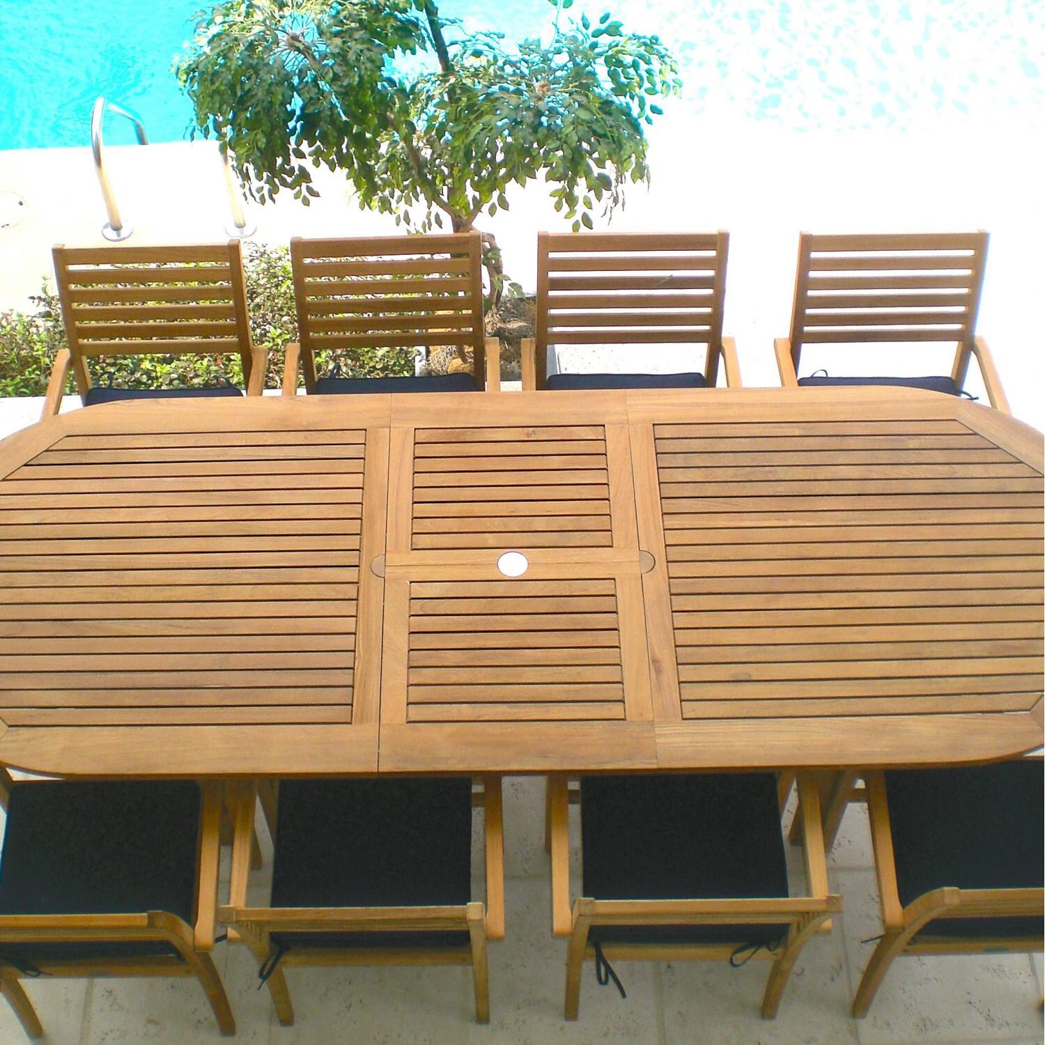 Avant 9 Piece Teak Patio Dining Set W/ 96 X 44 Inch Rectangular Extension Table And Sunbrella Canvas Navy Cushions By Royal Teak Collection