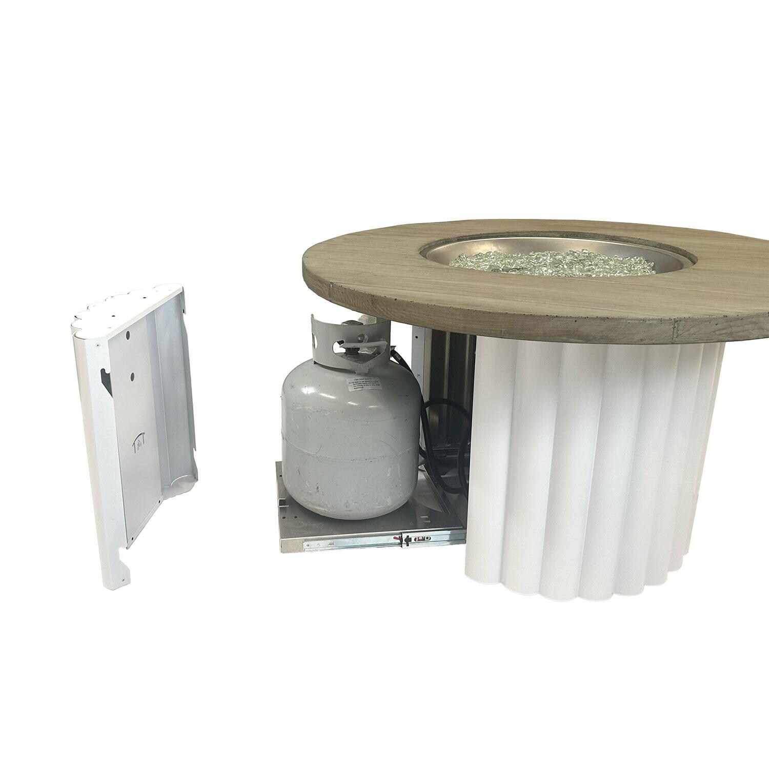 Reverie REVSWH-42-K 42-in Round Aluminum Gas Fire Pit Table w/ Smokey Oak Supercast Top & White Base - Tank Drawer - White Background thumbnail