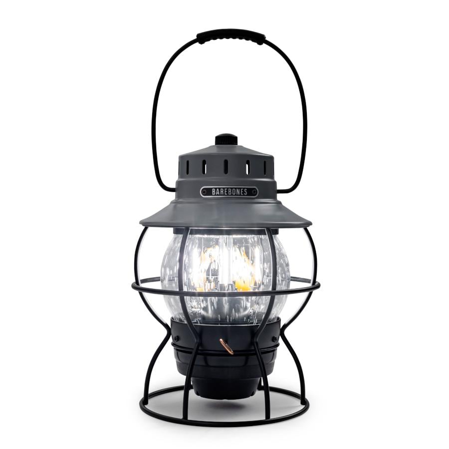 Barebones Living LIV-182 Railroad Lantern - Slate Gray - Flame On Front View thumbnail
