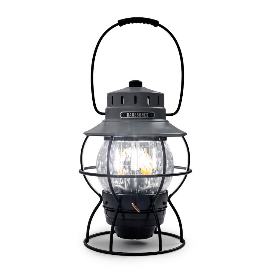 Barebones Living LIV-182 Railroad Lantern - Slate Gray - Flame On Front View thumbnail