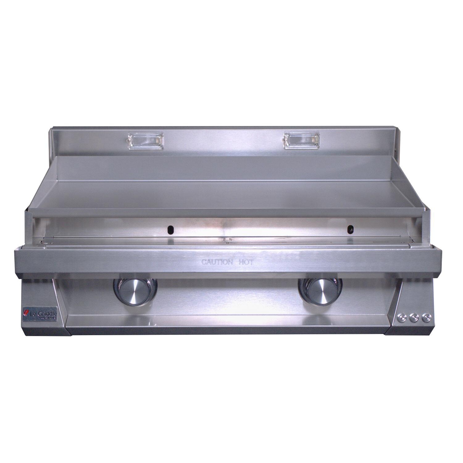 Le Griddle OML75P3 LP Pro Series 75 2 Burner Built-In Propane Flat Top Grill w/ 3mm Plate - Grease Disposal Slide Out Trays Removed - White Background thumbnail