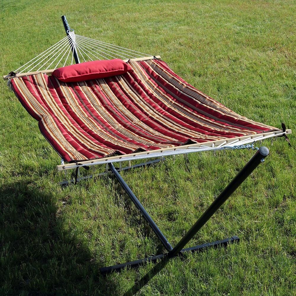 Ultimate Patio Rope Hammock w/ 12-Foot Stand, Pad, & Pillow - Awning Stripe - On Patio - Lifestyle thumbnail