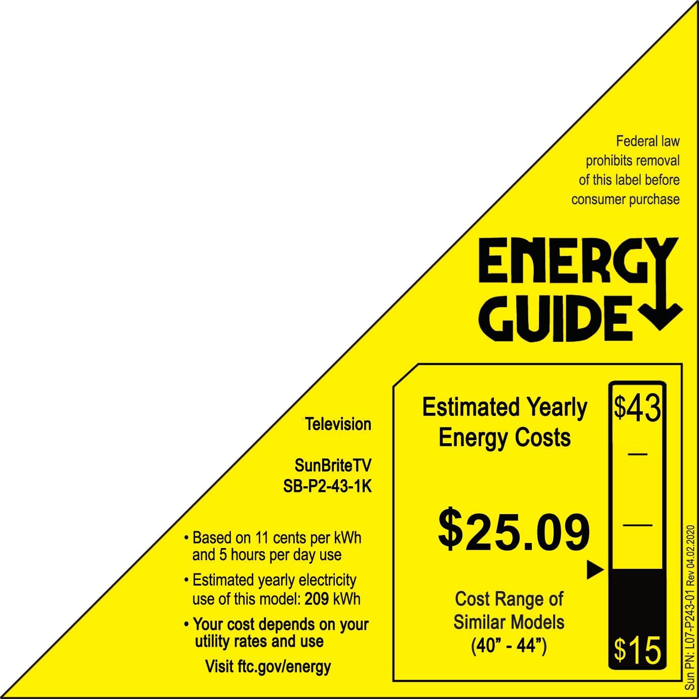 SunBriteTV SB-P2-43-1K-BL 43-Inch Pro 2 Series Outdoor LED HDR TV - Energy Guide thumbnail