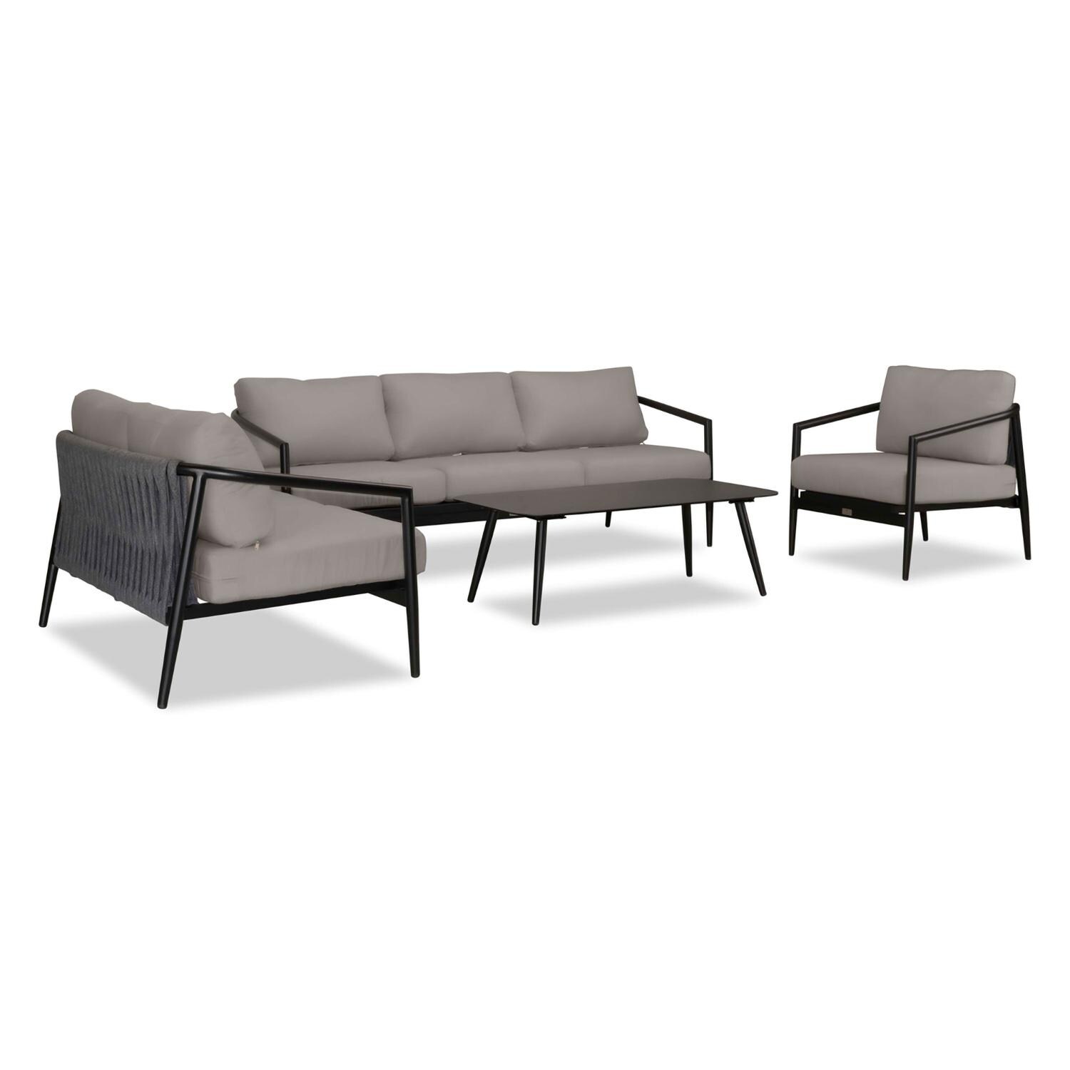 Lakeview Midnight Cove 4 Pc Aluminum Sofa Loveseat Seating Set in Black/Carbon/Canvas Charcoal - Angled - White Background thumbnail