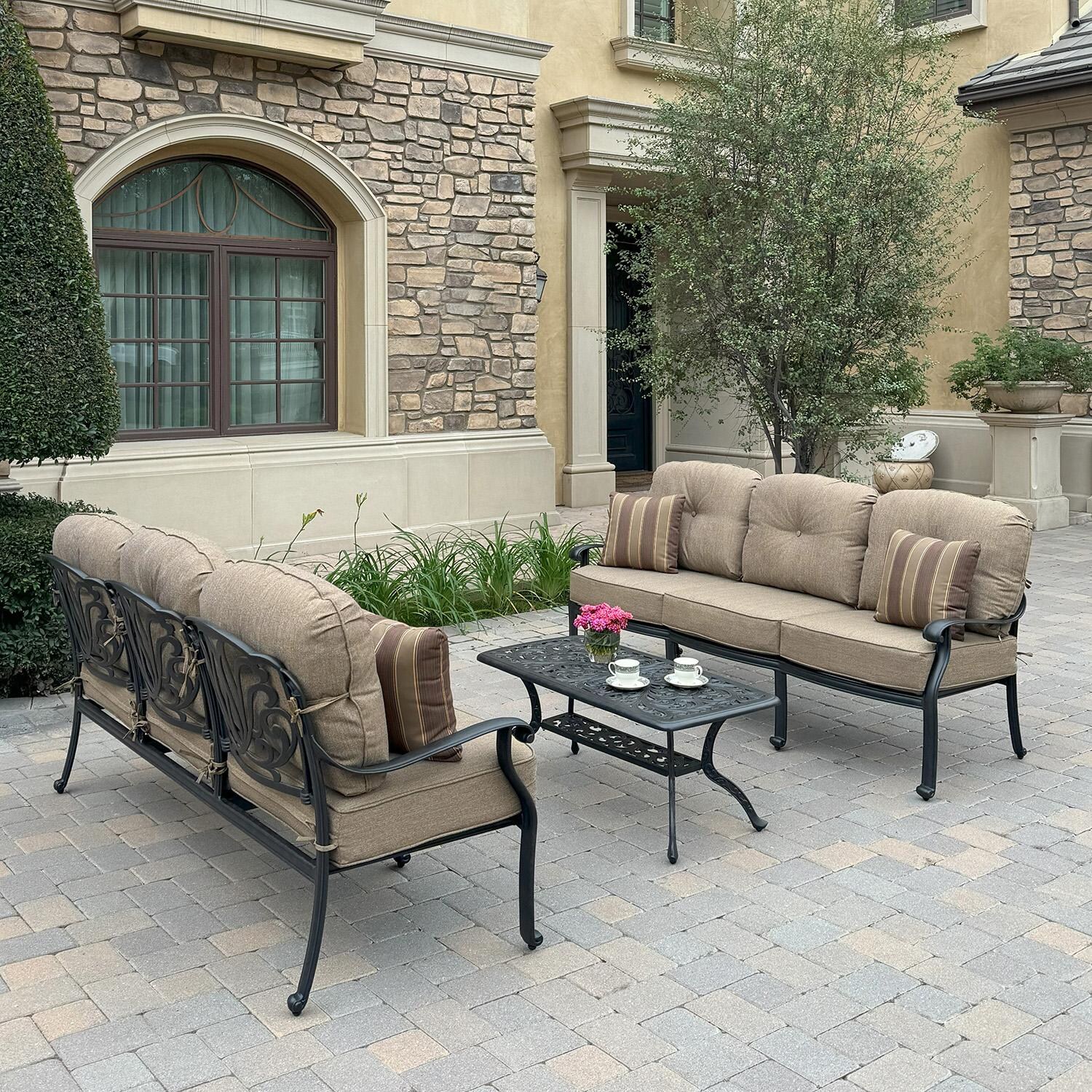 Elisabeth 3 Pc Cast Aluminum Seating Set w/ Series 80 Coffee Table in Antique Bronze by Darlee - Lifestyle thumbnail