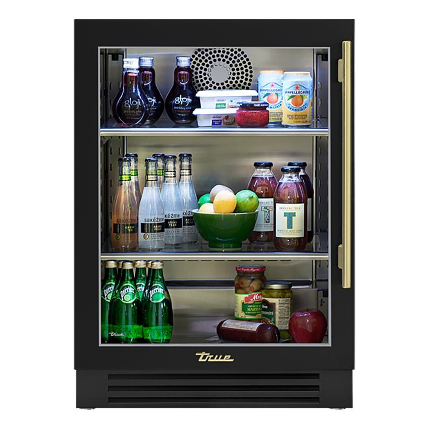 True TUR-24-L-OG-C~DSK-027-H01 24 Inch 4.2 Cu. Ft. Left Hinge Glass Door Outdoor Refrigerator in Matte Black w/ Brass Handles - White Background thumbnail