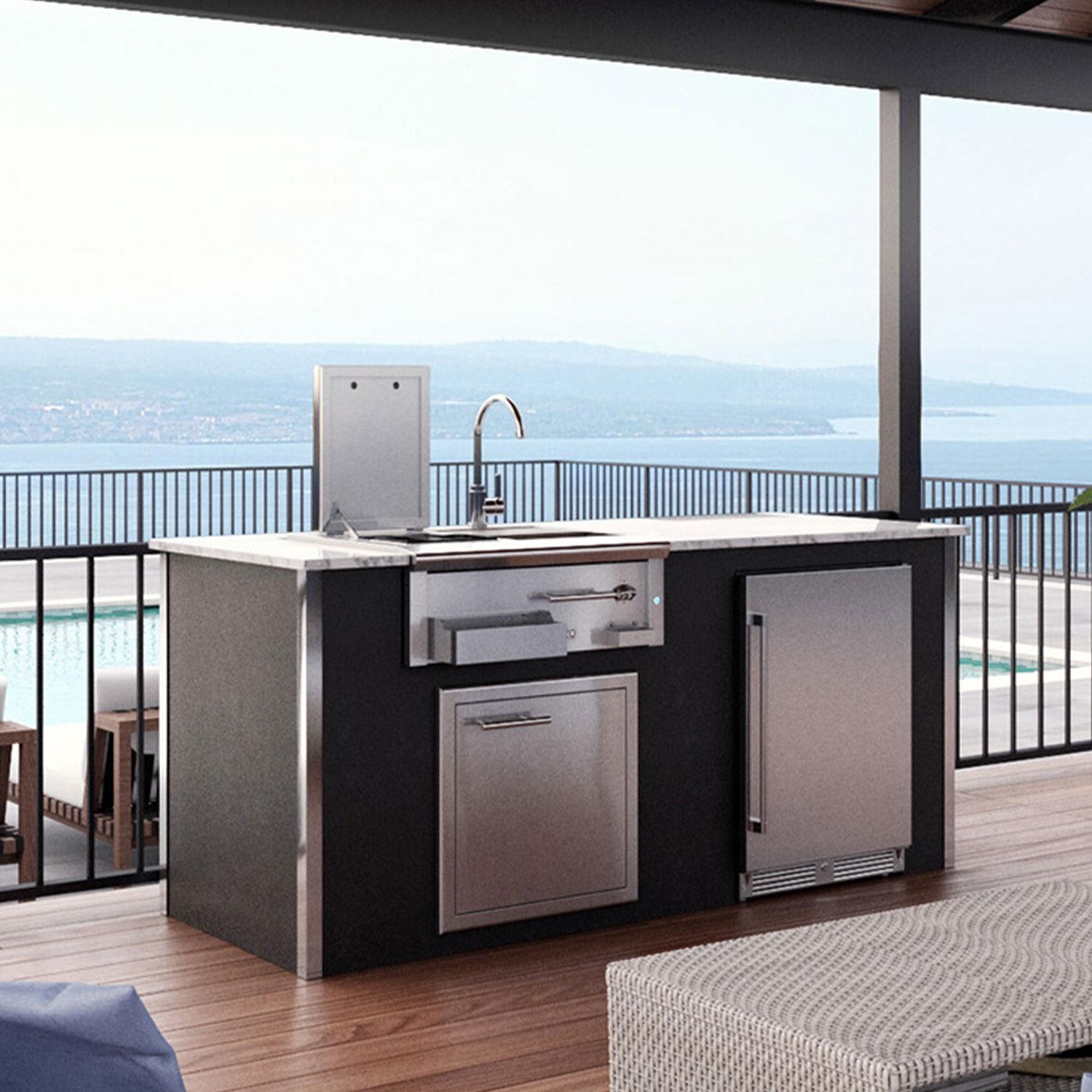 XO Designer 7 Ft Outdoor Kitchen Island w/ Cocktail Pro Station, Single Door, & Outdoor Refrigerator in White - Shown in Black finish - Lifestyle thumbnail
