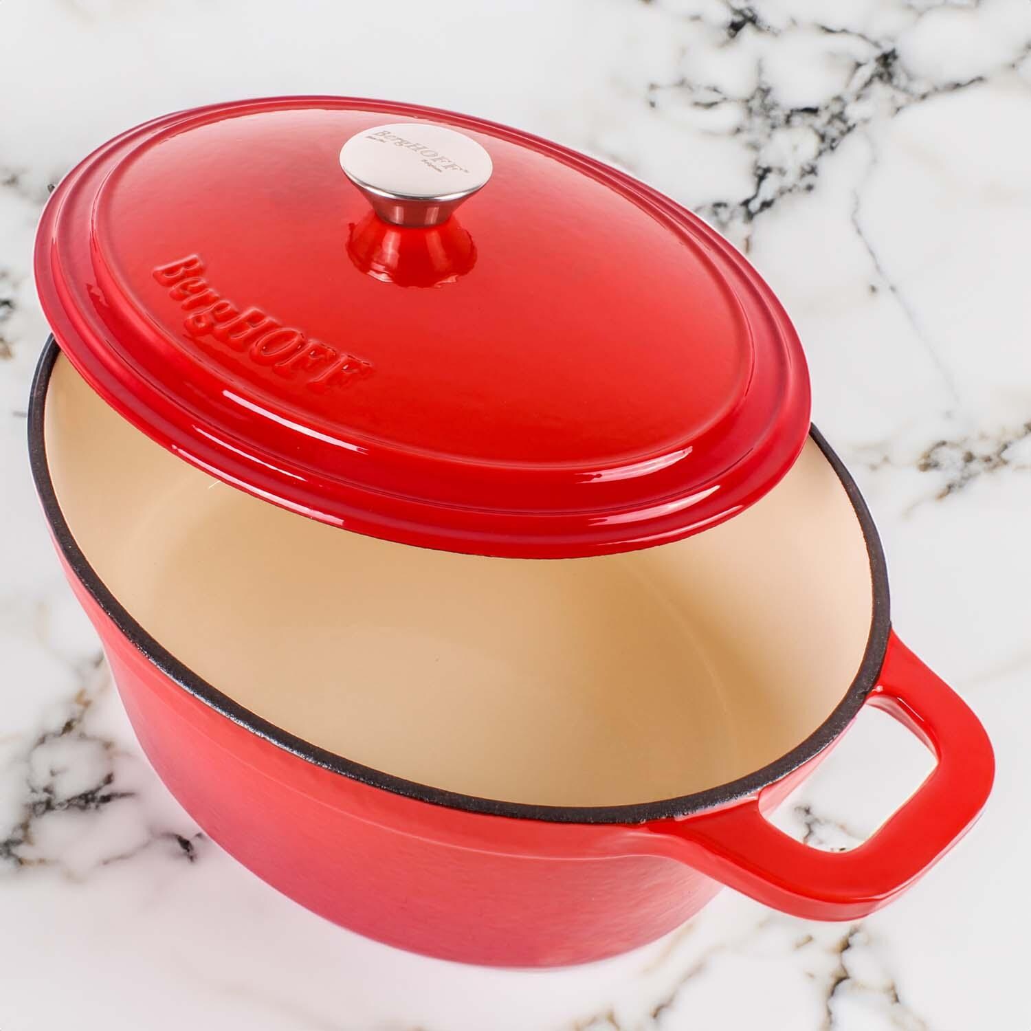 BergHOFF 13-in Neo Cast Iron 8 Qt. Oval Dutch Oven w/ Lid - Red - Lifestyle thumbnail