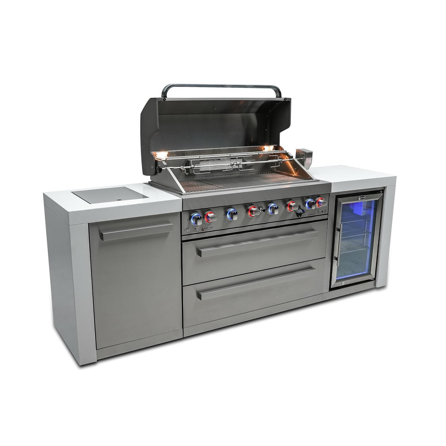 Mont Alpi MAi805-DFC Deluxe Natural Gas Island Grill W/ Refrigerator Cabinet - Angled Right - Grill Open - White Background thumbnail