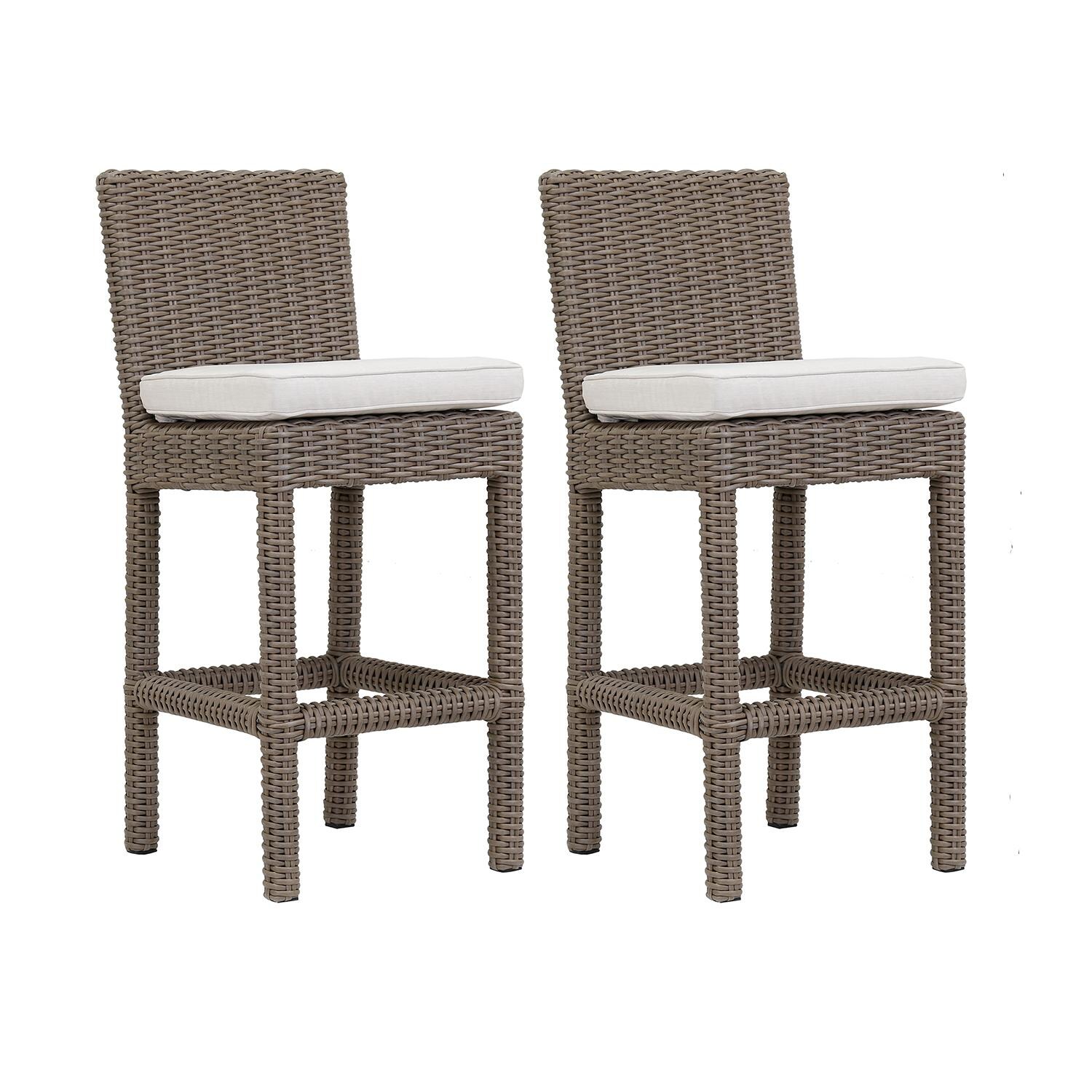 Coronado 2 Piece Wicker Patio Bar Stool Set W/ Sunbrella Canvas Flax Cushions By Sunset West thumbnail