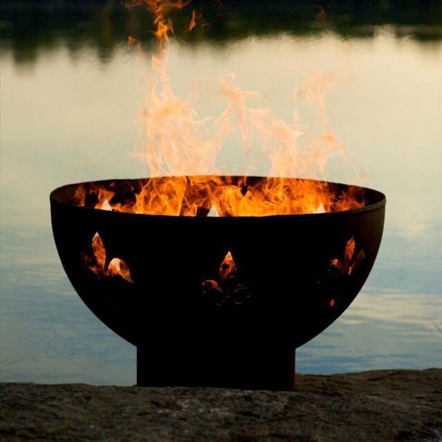Fire Pit Art Fleur De Lis 36-Inch Wood Burning Fire Pit - Shown With Fire thumbnail