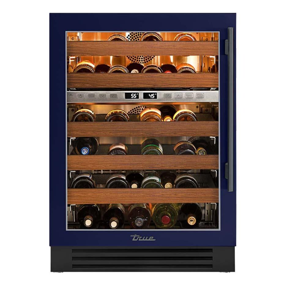 True TWC-24DZ-L-OG-C~DSK-078-H05 24 Inch 45 Bottle Left Hinge Glass Door Outdoor Dual Zone  Wine Cabinet - Cobalt w/ Pewter Handle - White Background thumbnail