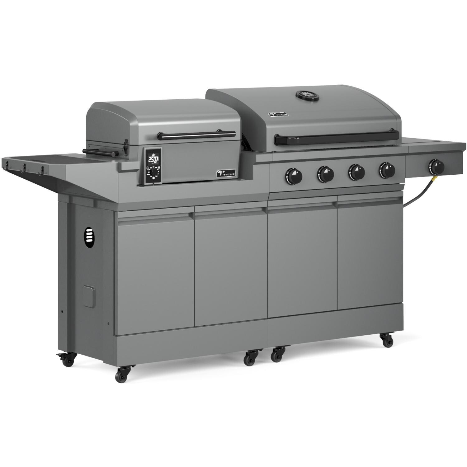 TYTUS TDT-BUN-055 Modular Duo w/ 4-Burner Gas Grill & Pellet Grill - Angled Right - White Background thumbnail
