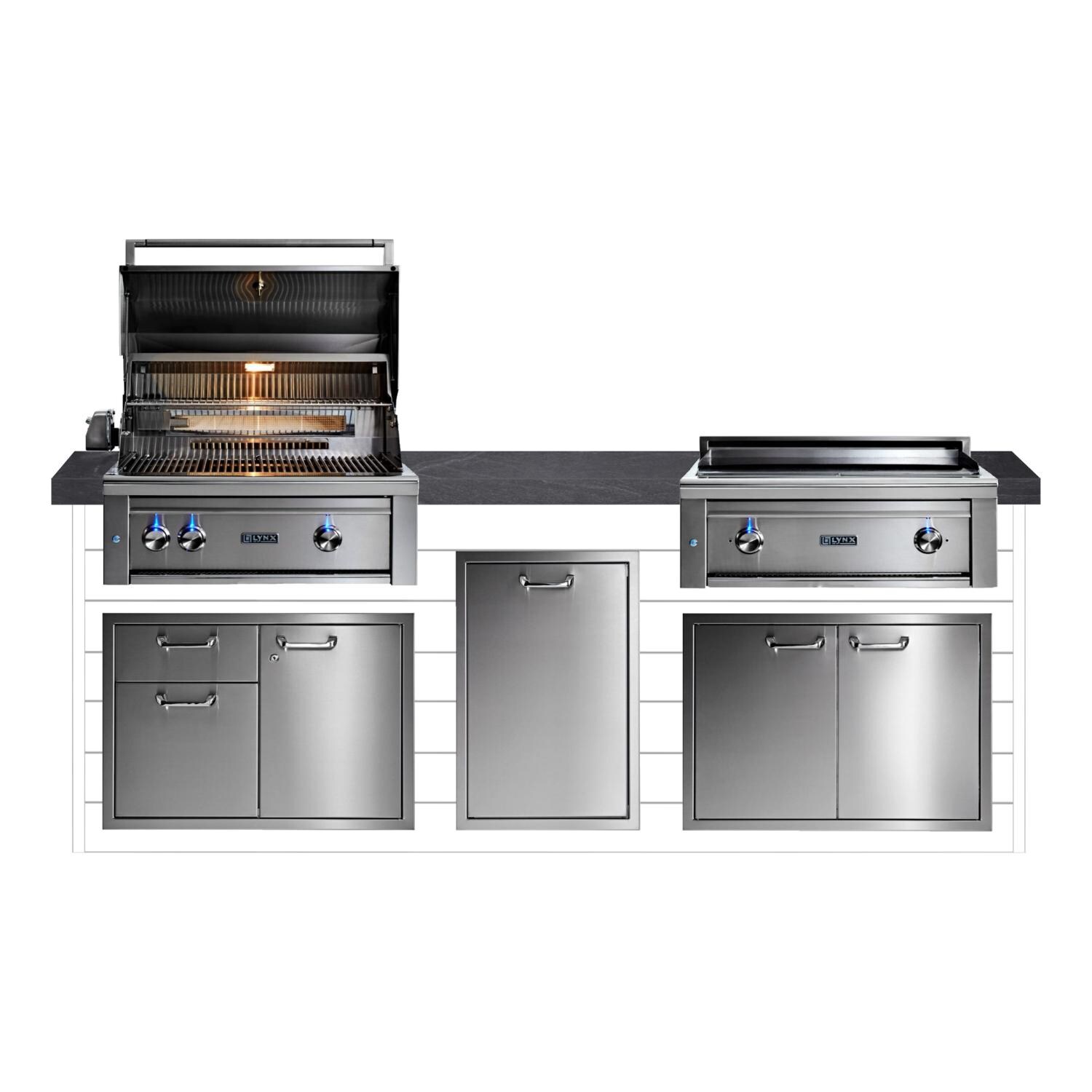 BBQGuys Signature 8ft Luxury Outdoor Kitchen w/ Lynx Professional 30-Inch Natural Gas Grill & 30-Inch Asado Grill - Canvas White Steel w/ Black Polished Granite - White Background thumbnail