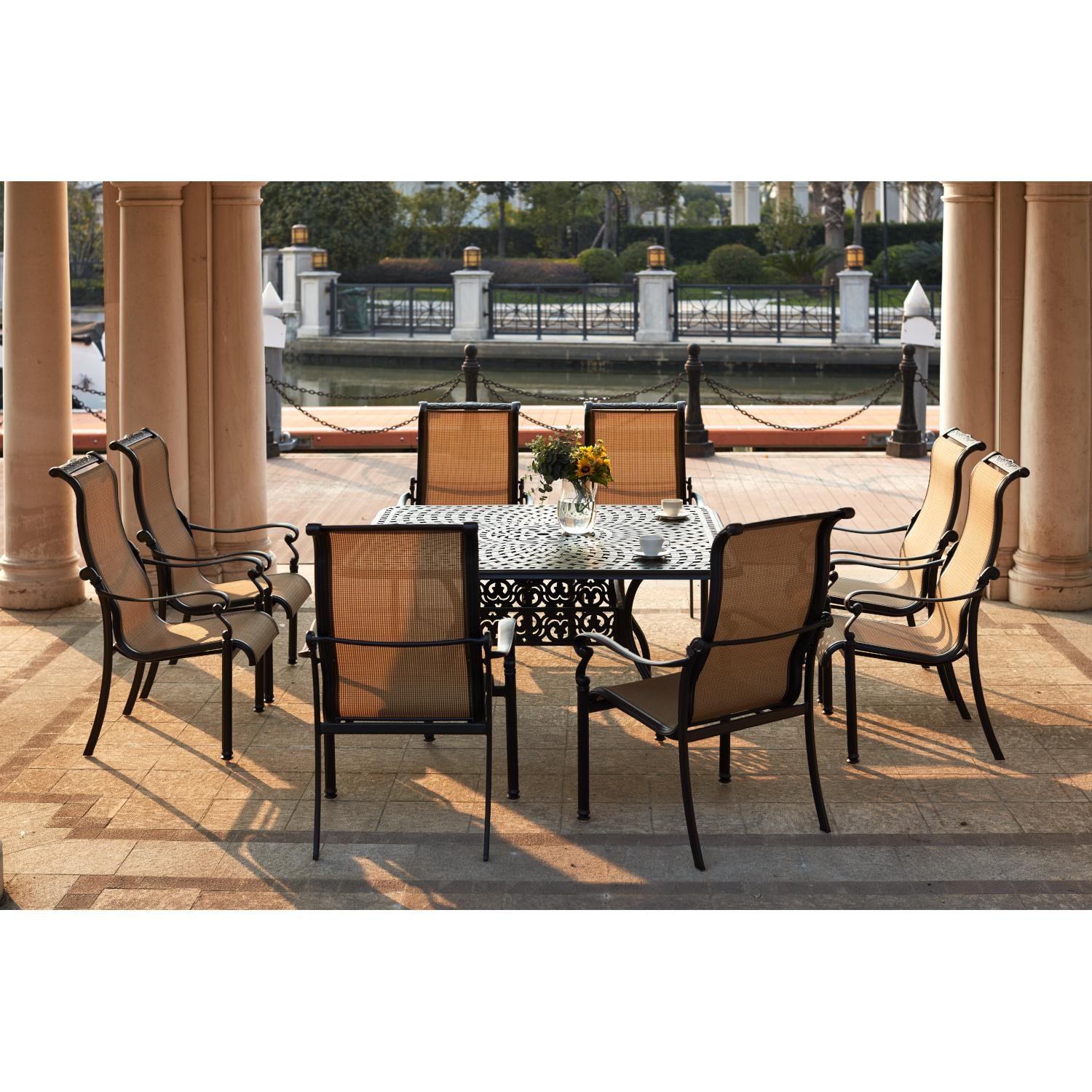 Darlee 301110-9PC-60W Monterey 9 Piece Cast Aluminum Sling Patio Dining Set W/ 60 Inch Square Table - Lifestyle thumbnail