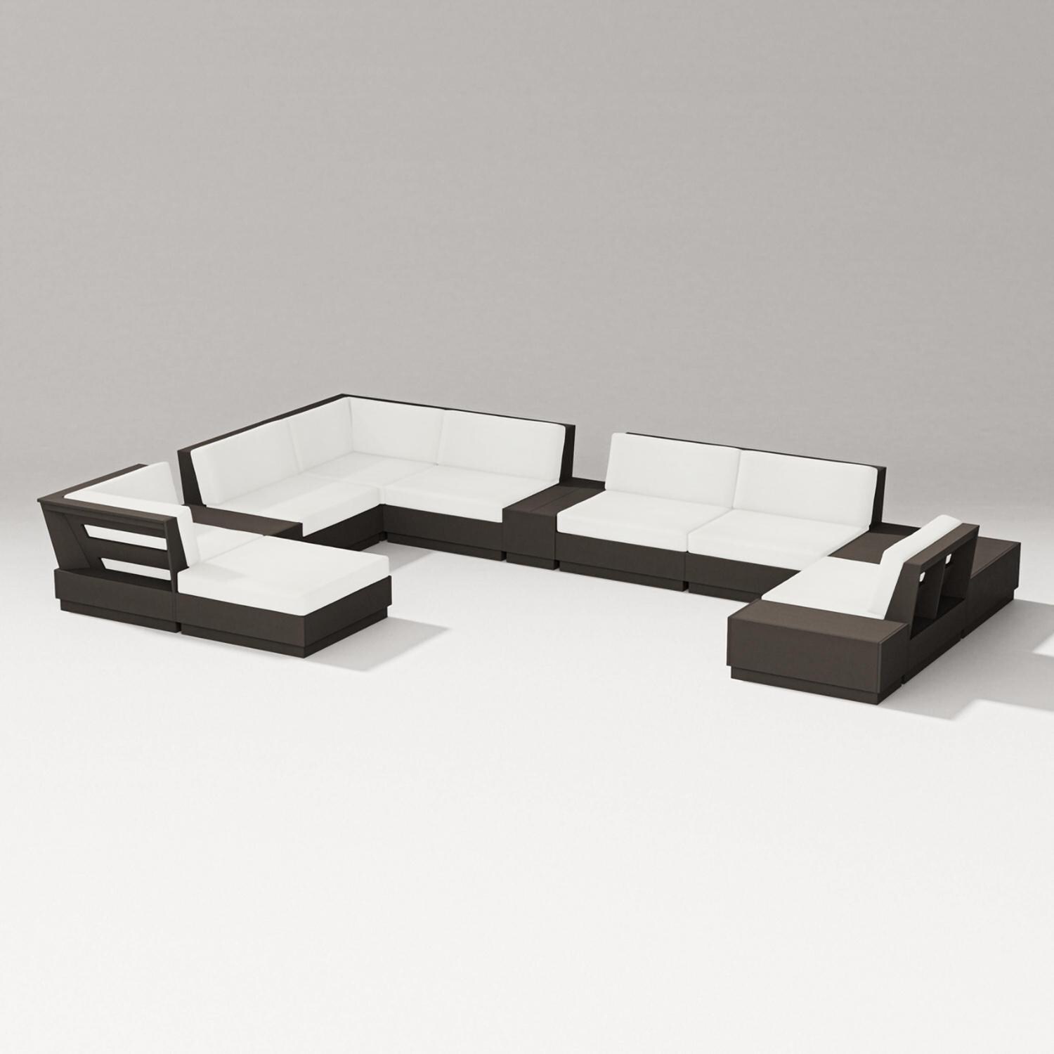 Elevate 12 Pc Recycled Plastic Chaise Sectional Seating Set in Vintage Coffee/Natural Linen By PW Designer Series