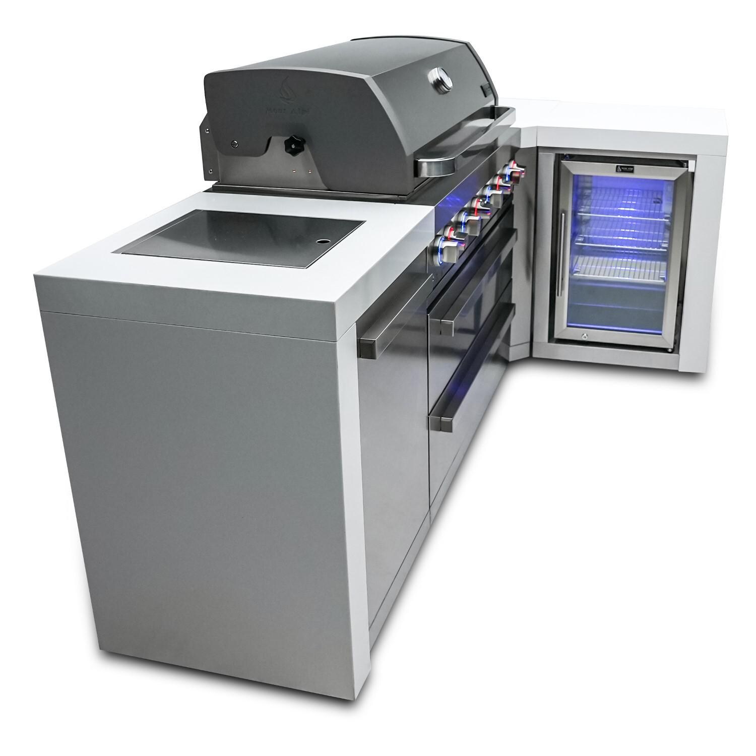 Mont Alpi - MAi805-D90FC - Deluxe 90 Degree Propane Gas Island Grill W/ Refrigerator Cabinet, Infrared Side Burner, & Rotisserie Kit - Side View - White Background thumbnail